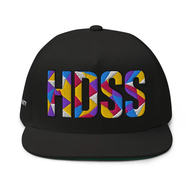 Black HDSS flat bill cap with the wordmark embroidered in bright triangles.